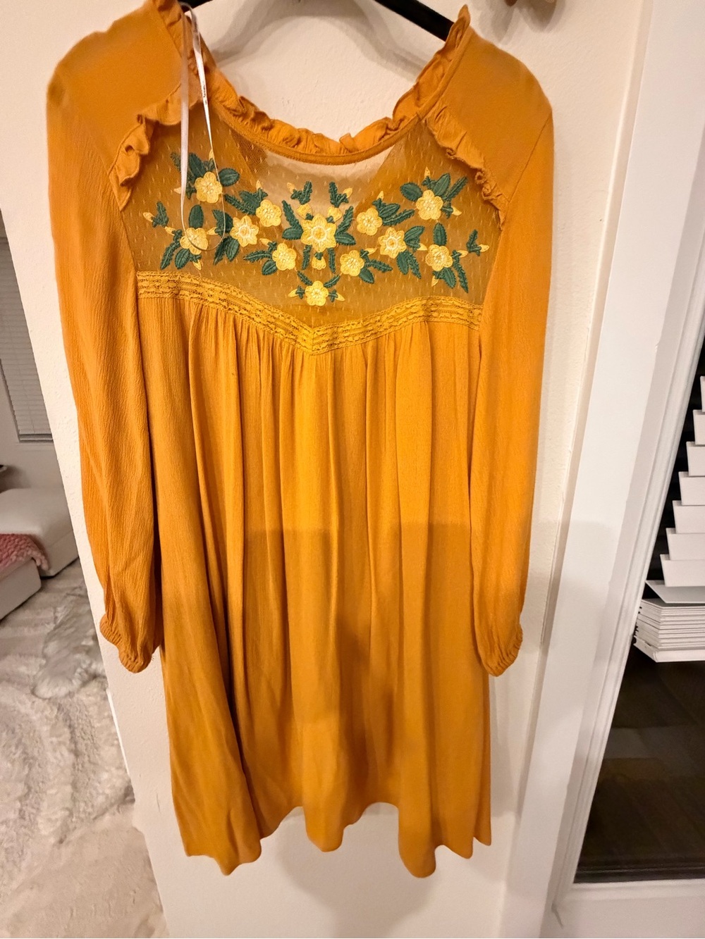 Embroidered Mustard Yellow Casual Women's Dress